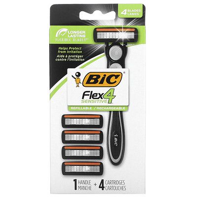 BIC, Flex 4 Sensitive, 1 Handle, 4 Cartridges