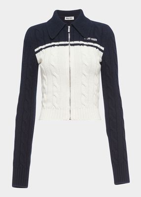Bicolor Cropped Wool-Cashmere Cardigan