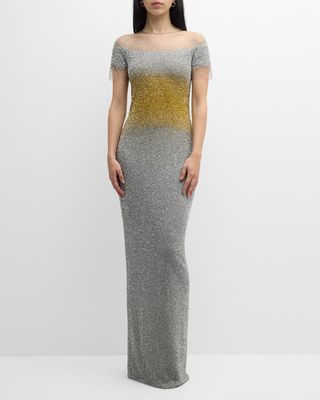 Bicolor Degrade Sequin Embellished Illusion Gown