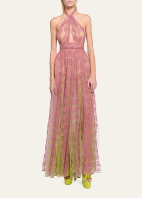 Bicolor Embroidered Tulle Halter Dress