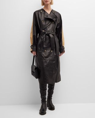 Bicolor Faux Leather Trench Coat with Belted Waist