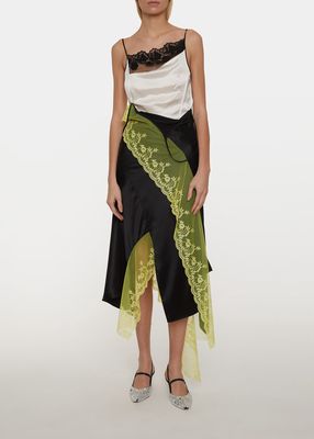 Bicolor Handkerchief Silk Slip Dress with Floral Lace