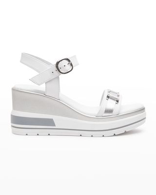 Bicolor Leather Ankle-Strap Wedge Sandals