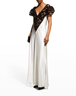 Bicolor Sequin-Embellished Lace Silk Gown