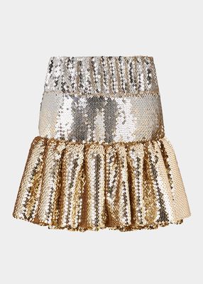 Bicolor Sequin-Embellished Ruffle Mini Skirt