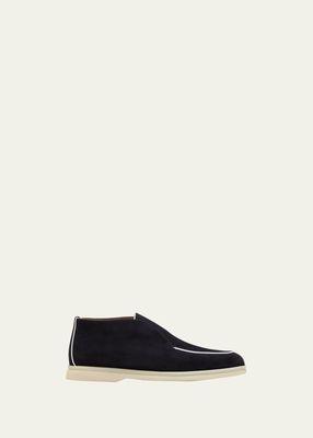Bicolor Suede Laceless Loafer Booties