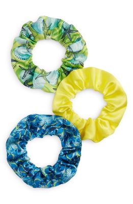 Bien Abyé Assorted 3-Pack Silk Scrunchies in Blue/Yellow/Green