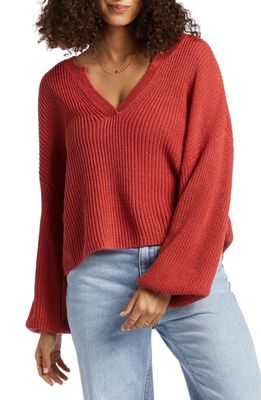 Billabong No Worries Relaxed Fit Split Neck Sweater in Red Rock