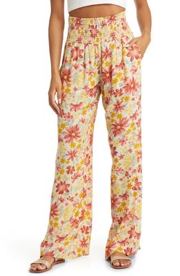 Billabong Smooth Sailing Smocked High Waist Floral Print Pants in Antique White