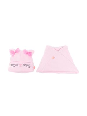 Billieblush cat-embroidered hat and scarf set - Pink