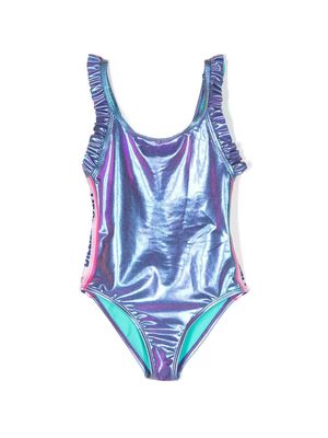 Billieblush metallic-effect logo-print swimsuit - Blue