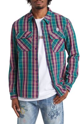 Billionaire Boys Club New World Plaid Graphic Button-Up Shirt in Storm