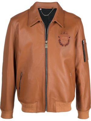 Billionaire embroidered-crest leather bomber-jacket - Brown