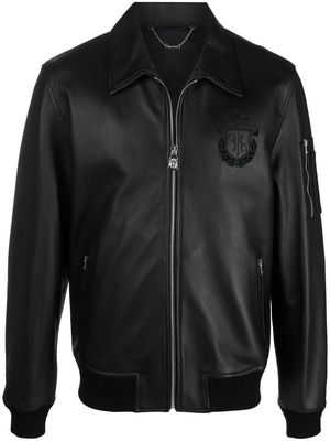 Billionaire leather crest-logo bomber jacket - Black