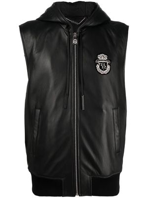 Billionaire sleeveless hooded leather zip vest - Black