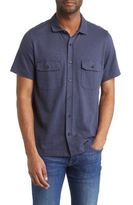 Billy Reid Hemp & Cotton Knit Short Sleeve Button-Up Shirt in Navy