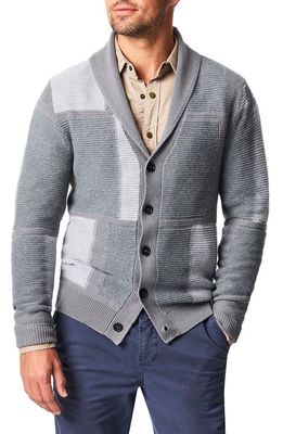 Billy Reid Patchwork Intarsia Wool & Cotton Shawl Collar Cardigan in Washed Grey Melange Multi