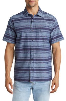 Billy Reid Treme Stripe Short Sleeve Cotton Button-Up Shirt in Navy/Blue