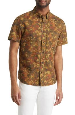 Billy Reid Tuscumbia Camouflage Short Sleeve Linen & Cotton Button-Down Shirt in Olive/Multi