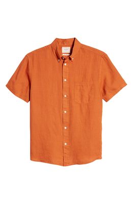 Billy Reid Tuscumbia Standard Fit Short Sleeve Linen Button-Down Shirt in Burnt Orange