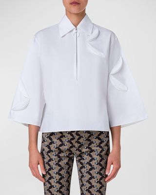 Bird-Applique Cotton-Gabardine Quarter-Zip Kimono Blouse