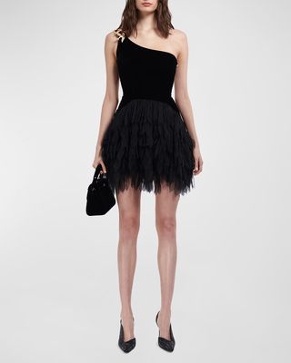 Bird-Applique One-Shoulder Ruffle-Skirt Mini Dress