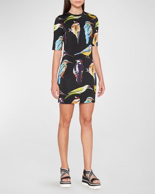 Bird-Print Jersey Mini Dress