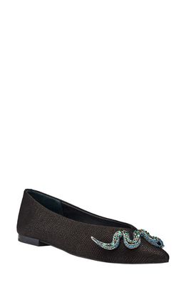 Birdies Goldfinch Pointed Toe Flat in Black Embossed Leather Snake