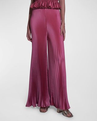 Bisous Pleated Wide-Leg Satin Pants