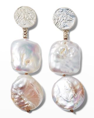 Biwa and Coin Pearl Hammered Top Earrings