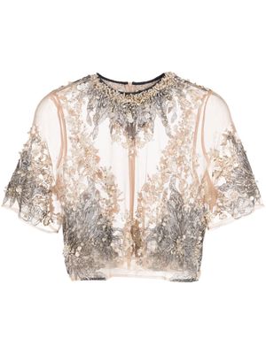 Biyan embroidered tulle short-sleeve top - Neutrals