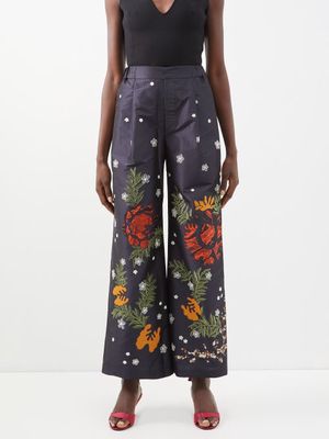 Biyan - Fenora Embroidered Silk-blend Taffeta Culottes - Womens - Navy Multi
