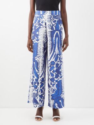 Biyan - Ferling Abstract-print Silk Wide-leg Trousers - Womens - Blue