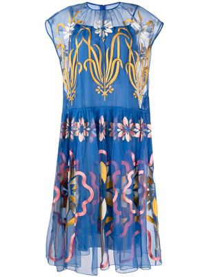 Biyan floral-embroidered silk midi dress - Blue