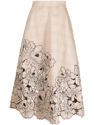 Biyan floral-embroidery cotton full skirt - Brown