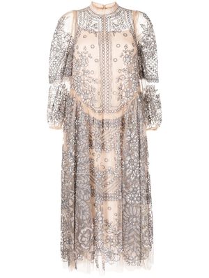 Biyan sheer-panel embellished maxi dress - Brown