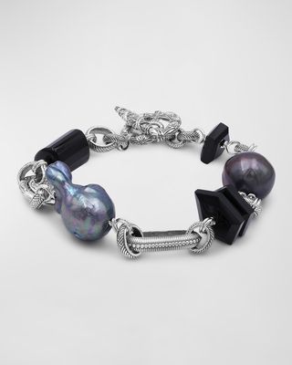 Black Agate and Baroque Pearl Bracelet in Sterling Silver