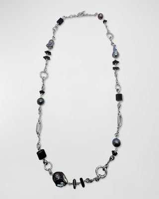 Black Agate and Baroque Pearl Necklace in Sterling Silver