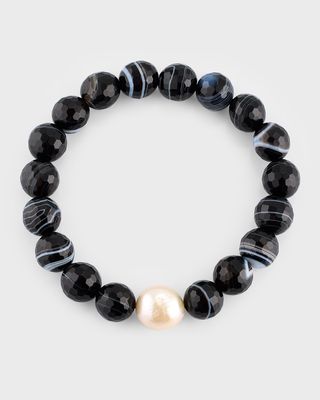 Black Agate And Pearl Stretch Bracelet