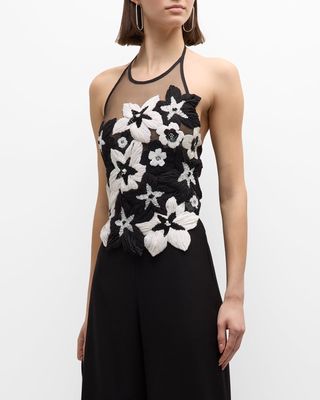 Black & White Floral Embroidered Halter top