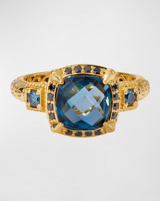 Black Diamond and London Blue Topaz Ring, Size 7