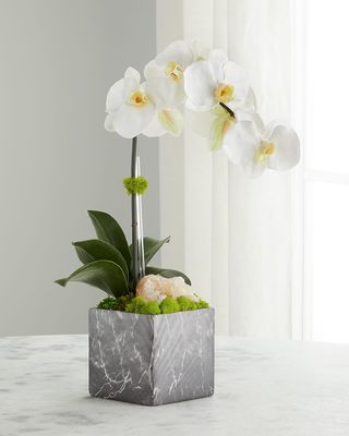 Black Gray Orchid Faux Floral Arrangement w/ Faux Marble Vase