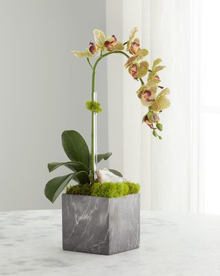 Black Gray Orchid Quartz Faux Floral Arrangement with Faux Marble Vase