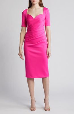 Black Halo Amandalee Pleated Satin Cocktail Sheath Dress in Iconic Pink 