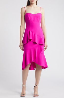 Black Halo Barbados Tiered Ruffle Midi Dress in Vibrant Pink 