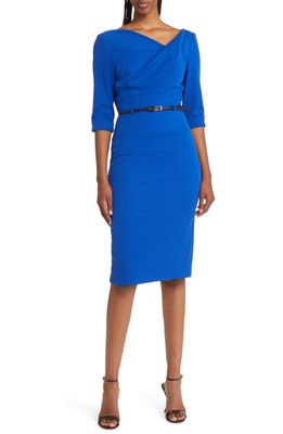 Black Halo Jackie Belted Sheath Dress in Cobalt