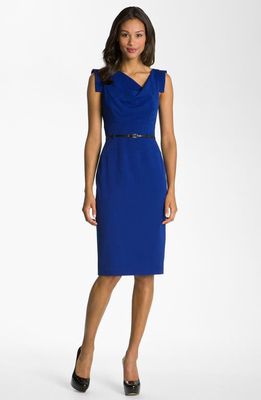 Black Halo Jackie Belted Stretch Gabardine Sheath Dress in Cobalt