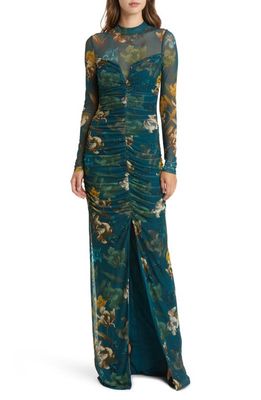 Black Halo Wendy Floral Ruched Long Sleeve Gown in Enchanted Vines