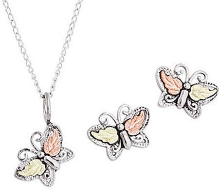 Black Hills Butterfly Pendant & Earrings Set St erling/12K Gol