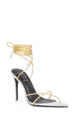 BLACK SUEDE STUDIO Talia Ankle Wrap Pointed Toe Sandal in Silver Gold Metallic